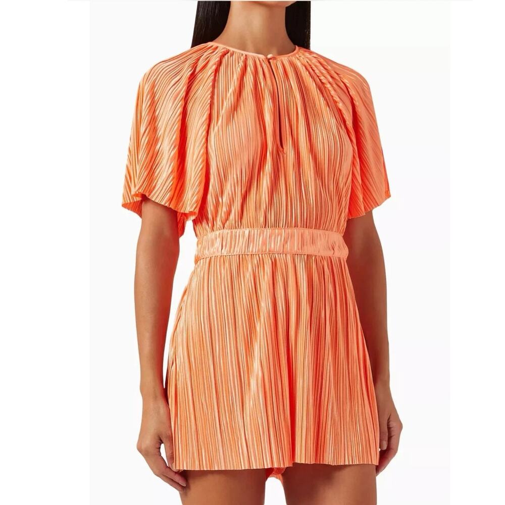 Revolve MinkPink Livia Plisse short sleeve Flowy Orange Pleated Romper small
